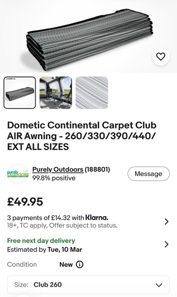 Dometic Continental Carpet Club AIR Awning - Club 260, New