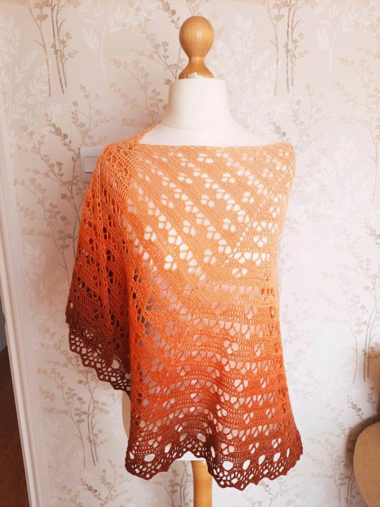 Gradient Knitted Shawl. Lace Shoulder Wrap. Crochet Shrug / Cover Up. Boho Ombre, Warm Autumn Hues