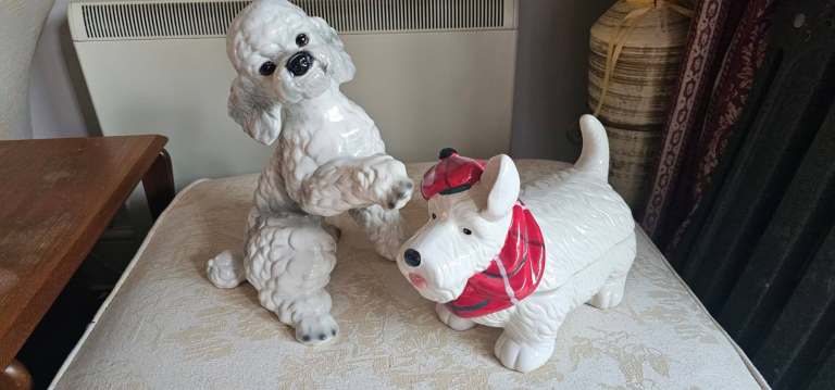 Vintage Ceramic Poodle and Terrier Dog Figurines – White, Good Condition