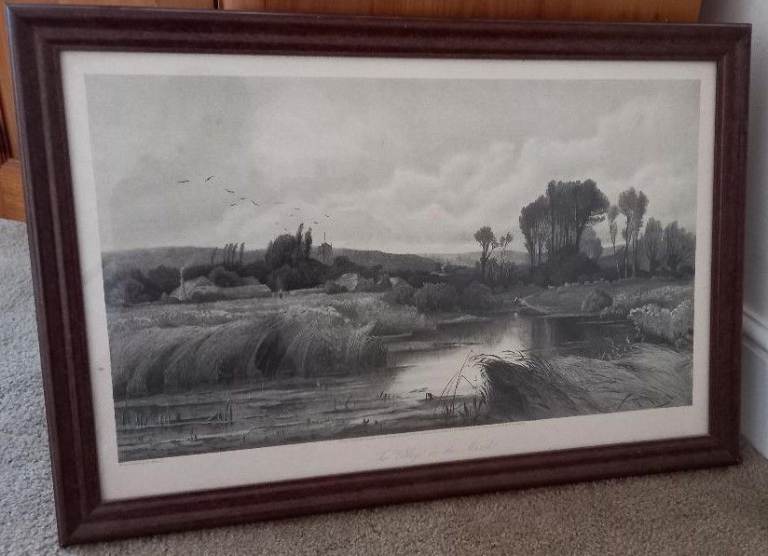 Edwardian engraving published 1908 “The Village on the Marsh” by John Fullwood RA