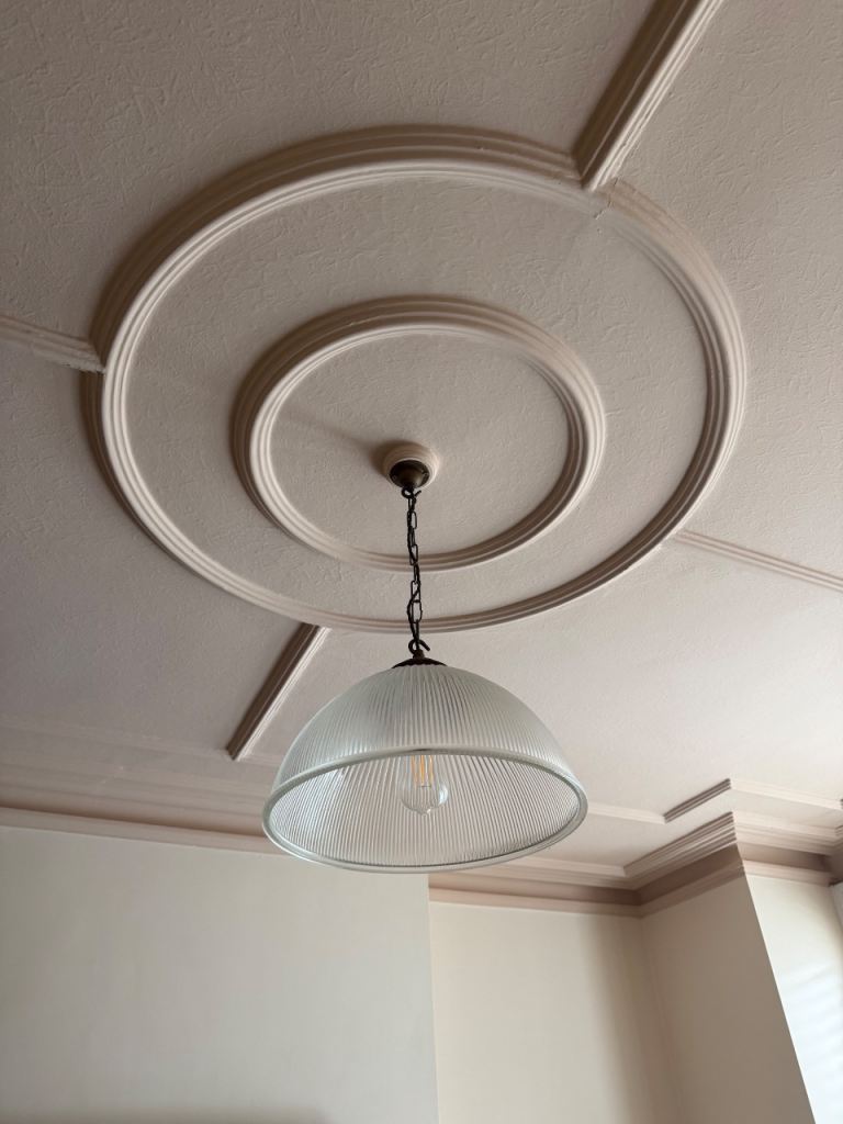 2x Prismatic Glass Pendant Holophane Ceiling Light Ribbed Dome Industrial Style