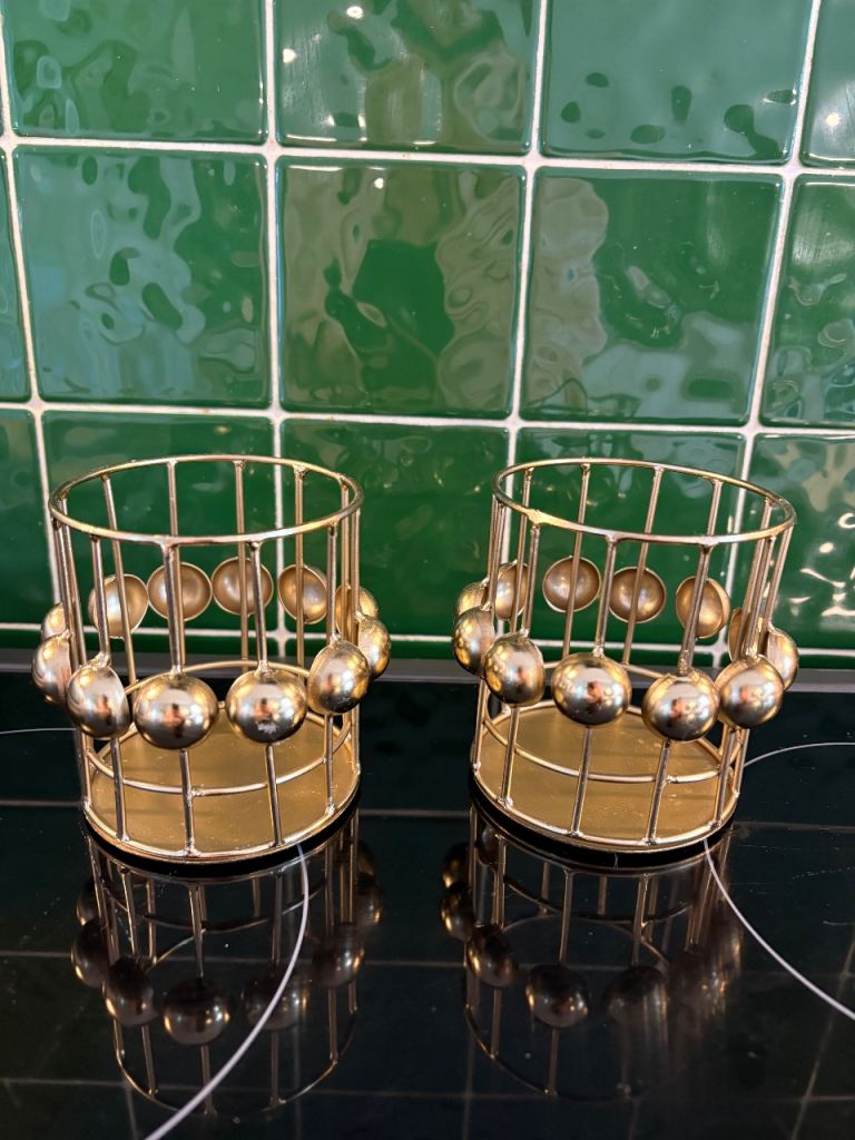 Gold Metal Candle Holders x 2 - Vintage Style Home Decoration Gift 