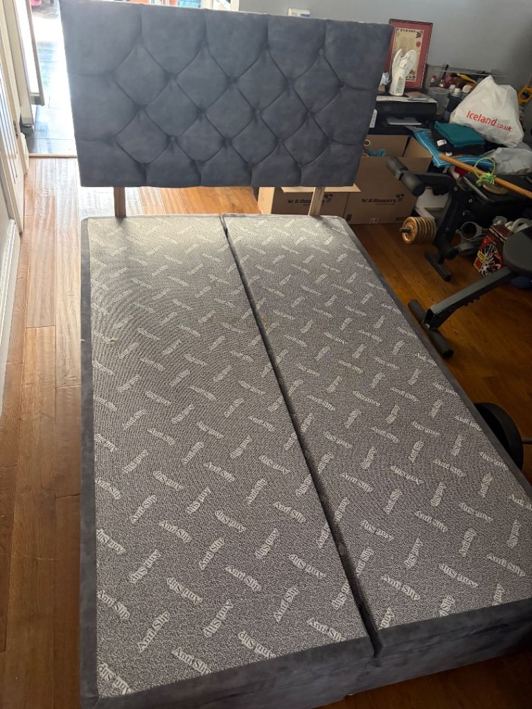 Small Double Ottoman Bed Frame with Headboard – Grey Fabric, Good Condition