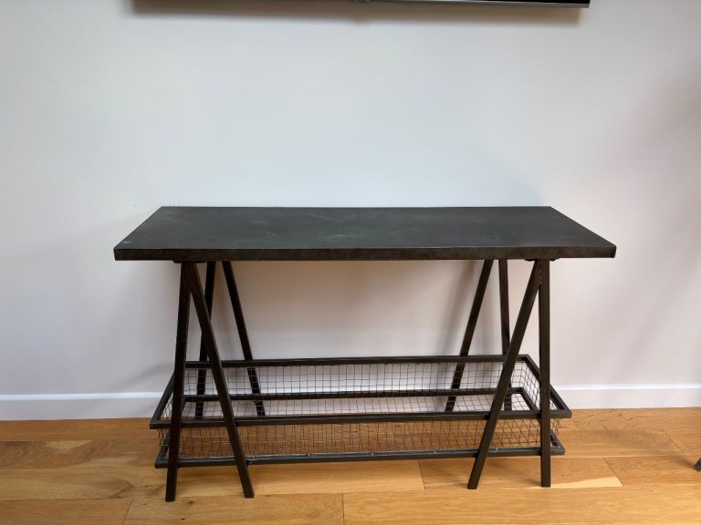 Industrial Style Console Table with Mesh Shelf – Good Condition