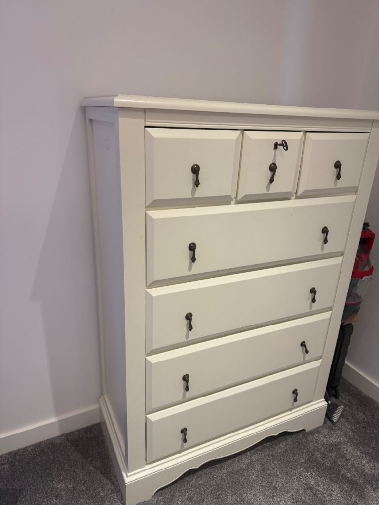 Cream Wooden Chest of Drawers with Matching Cheval Mirror
