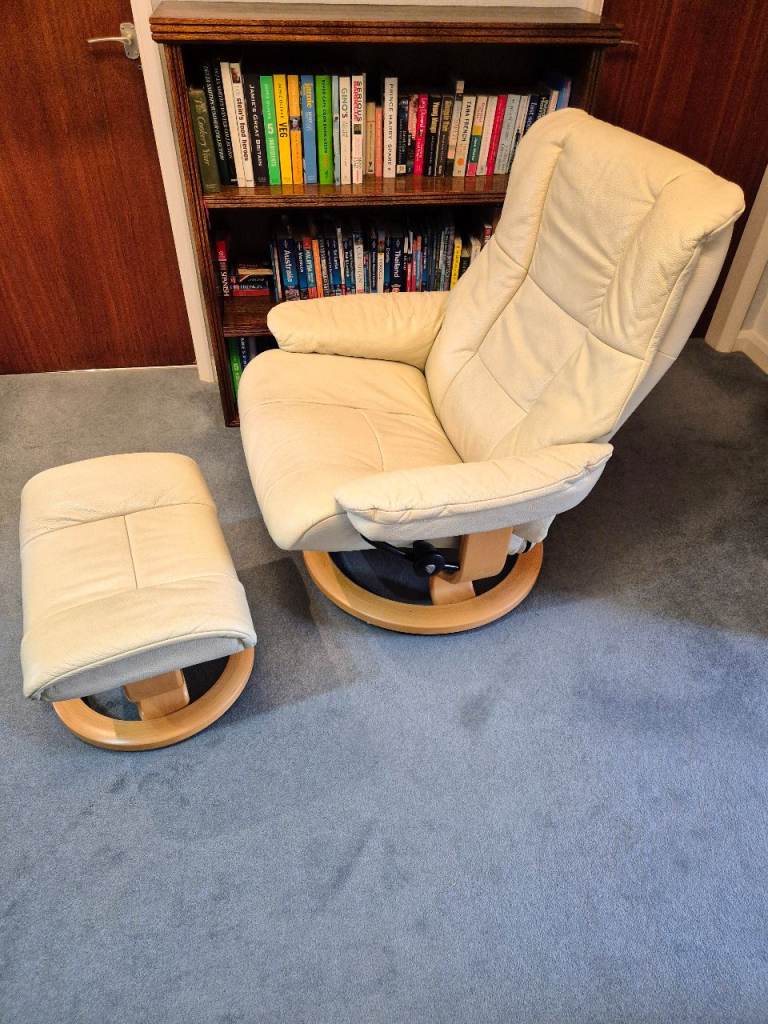 Stressless Mayfair leather swivel recliner chair (Large) with footstool.