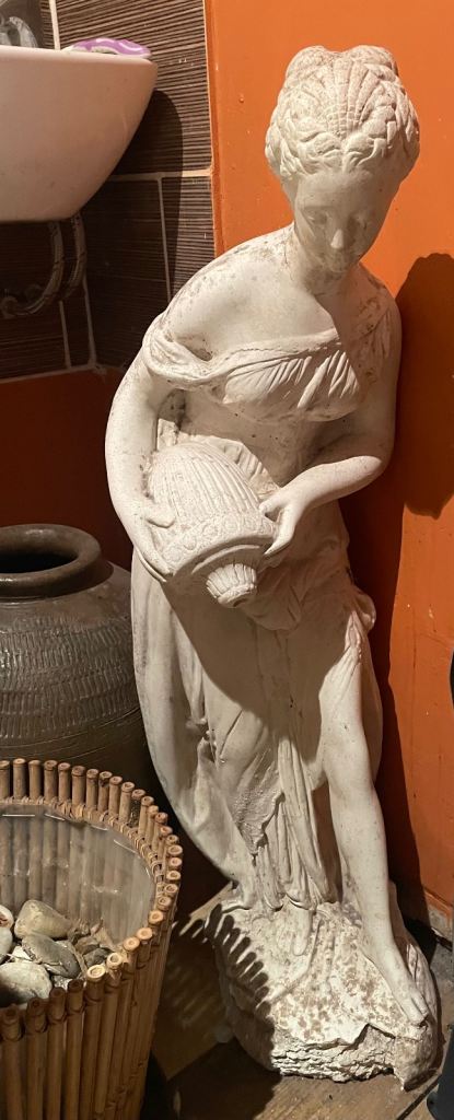 Decorative Stone Garden Statue of Woman with Basket – Good Condition