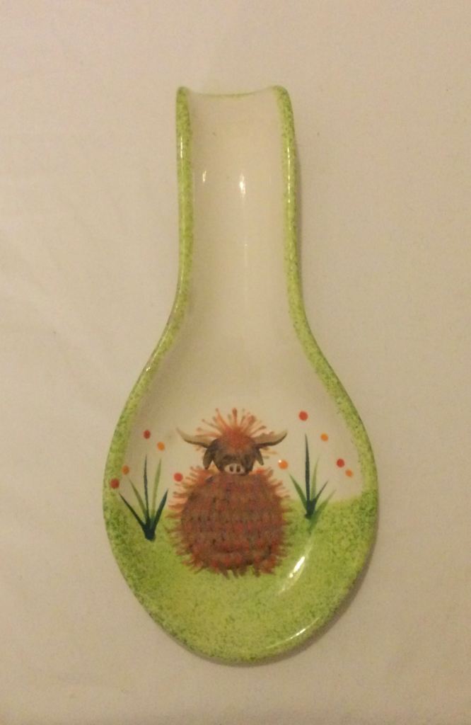 Highland Cow Coo ceramic spoon rest from Going Pottie Dunkeld Cow design 