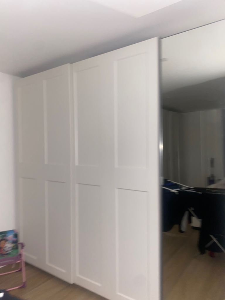 Tall Beige Wood IKEA PAX Wardrobe with Sliding Doors