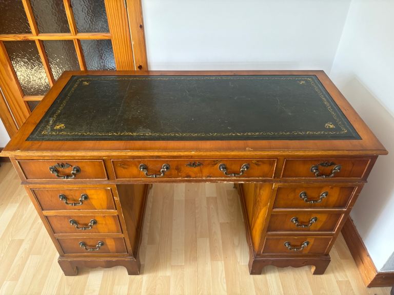 Antique leather inlay pedestal desk 