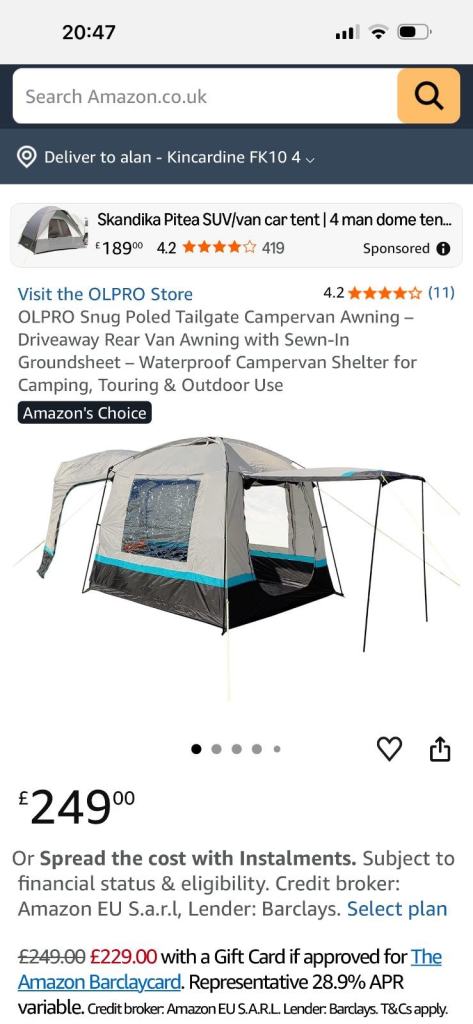 OLO Pro rear tailgate camper van awning, (unused)