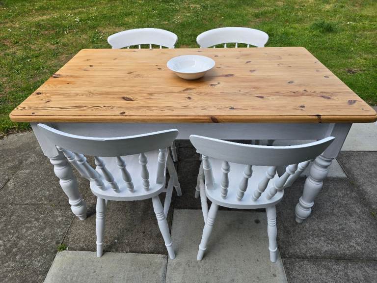 FRESHLY REFURBISHED 5ft Pine Farmhouse Dining Table + 4 Chairs Set White - POSSIBLE LOCAL DELIVERY