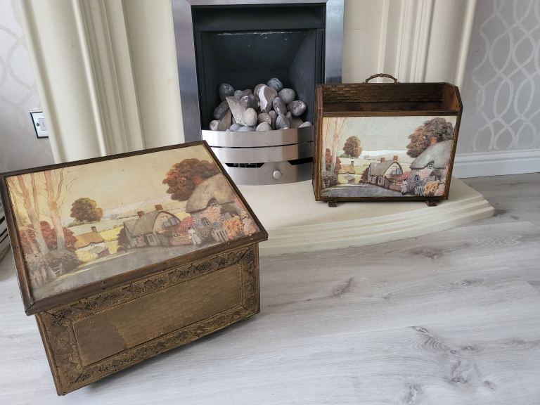 Vintage Brass/wood Fireside wood/kindling box and matching newspaper/magazine rack