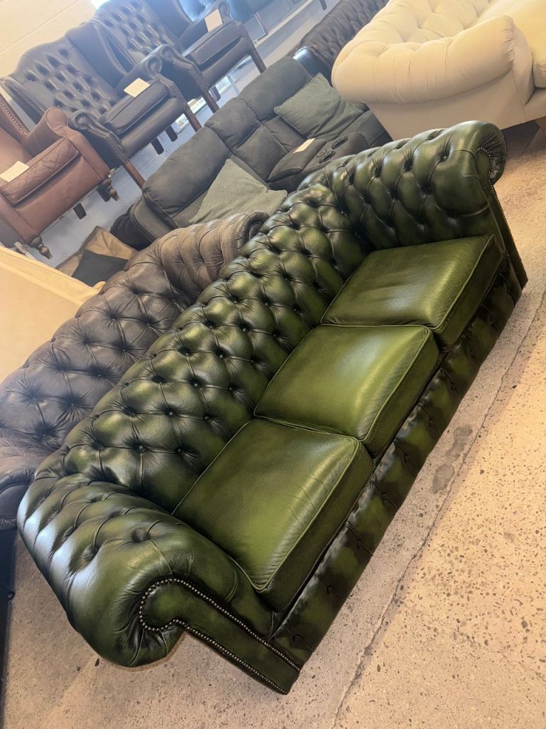 Chesterfield green real leather three seater sofa