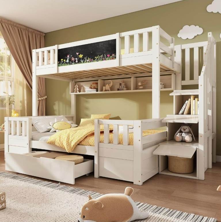 Tripple Bunk Bed with Drawers and Chalkboard, Wooden Bed Frame with Storage. 90x190 + 135x190cm
