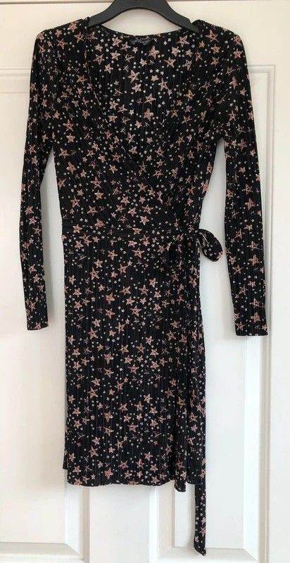 Topshop (Petite) black wrap around dress with bronze/white star pattern  UK 6 VGC