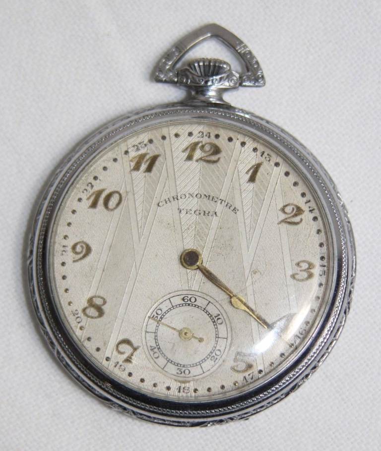 Beautiful Art Deco Antique Swiss Pocket Watch Tegra Chronometre in Silver Colour