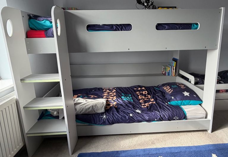 White and light grey bunk bed frame 