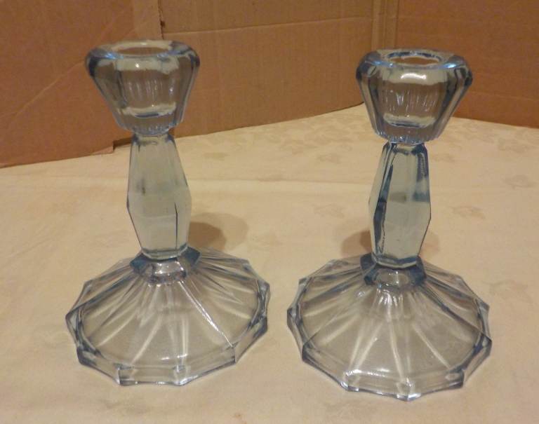 Pair of Antique Art Deco Blue Glass Candlesticks