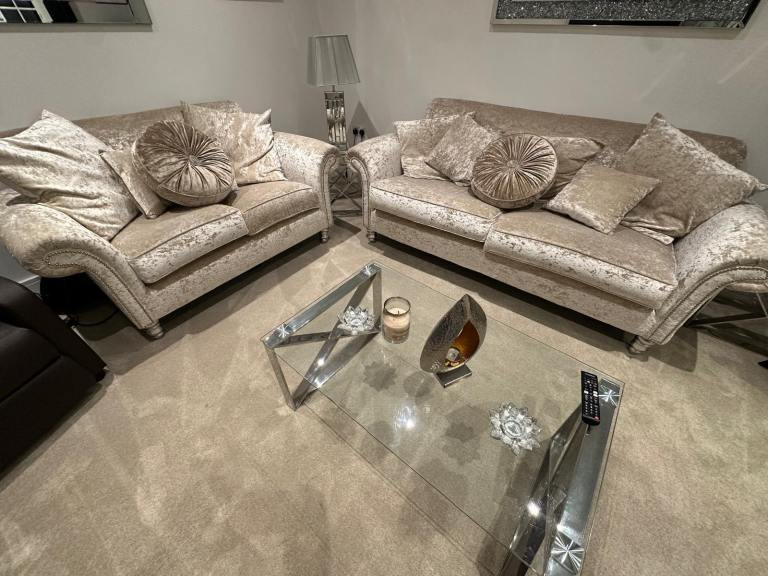 GOOD CONDITION - Cream Beige Crushed Velvet Sofa Set: 3-Seater and 2-Seater Fabric Sofas
