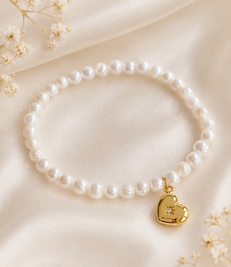 Genuine Freshwater Pearl Bracelet CZ Heart Charm 14K Gold Plated Gift for Her Everyday Trendy UK