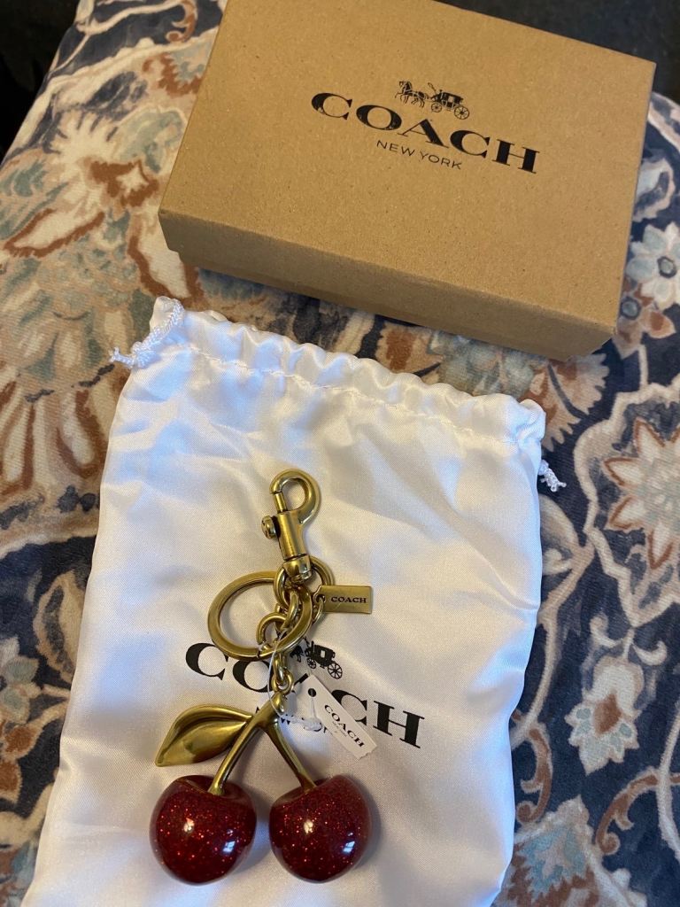 New Coach Cherry Bag Charm / Keychain – Gold & Glitter Red
