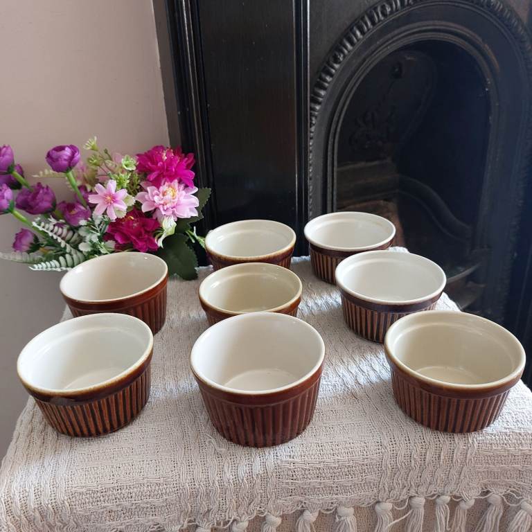 Eight Vintage Brown Salt Glazed Stoneware Ramekins 