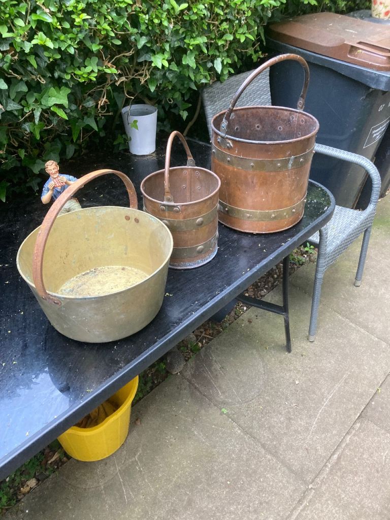 Brass jam kettle and copper pots 