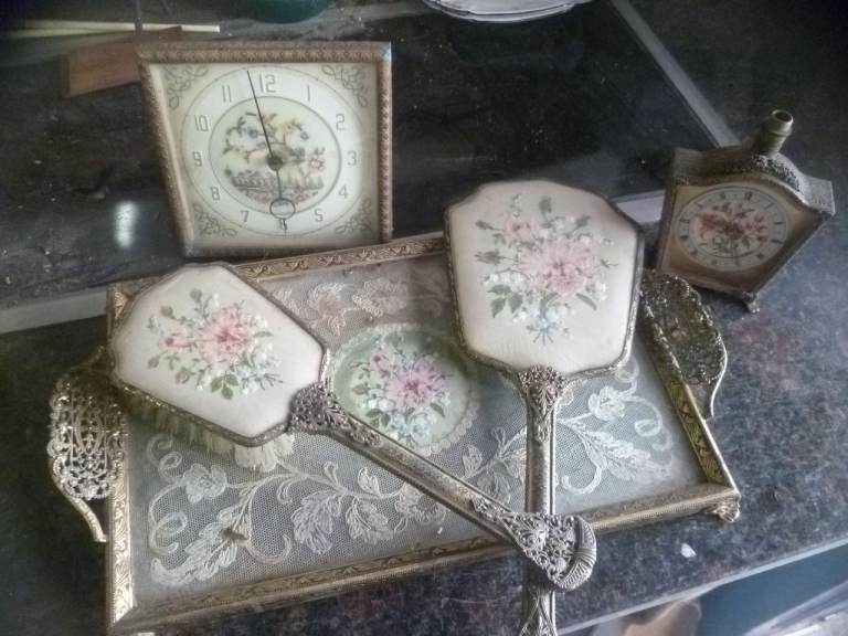 Vanity set Embroidery  Regent st London Tray clock Mirror  brush Tapestry 