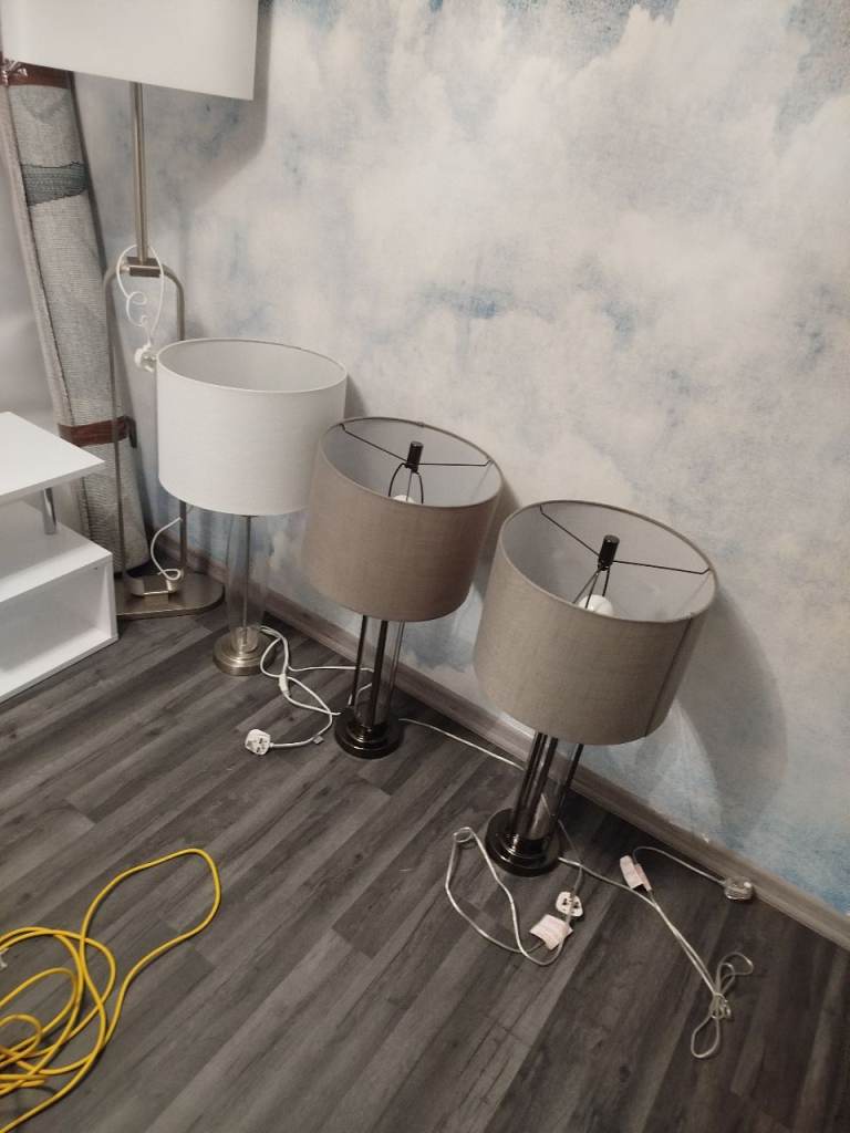 Three Table Lamps – White & Grey Shades, Good Condition