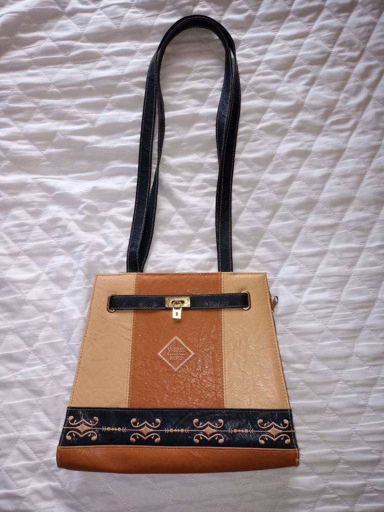 Vintage zipper handbag, straps, Y.sess Paris, multicolour blue brown beige embroidered, like leather