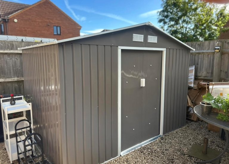 9x6 Feet Walk-In Metal Garden Shed in Grey | Steel Base Kit Included