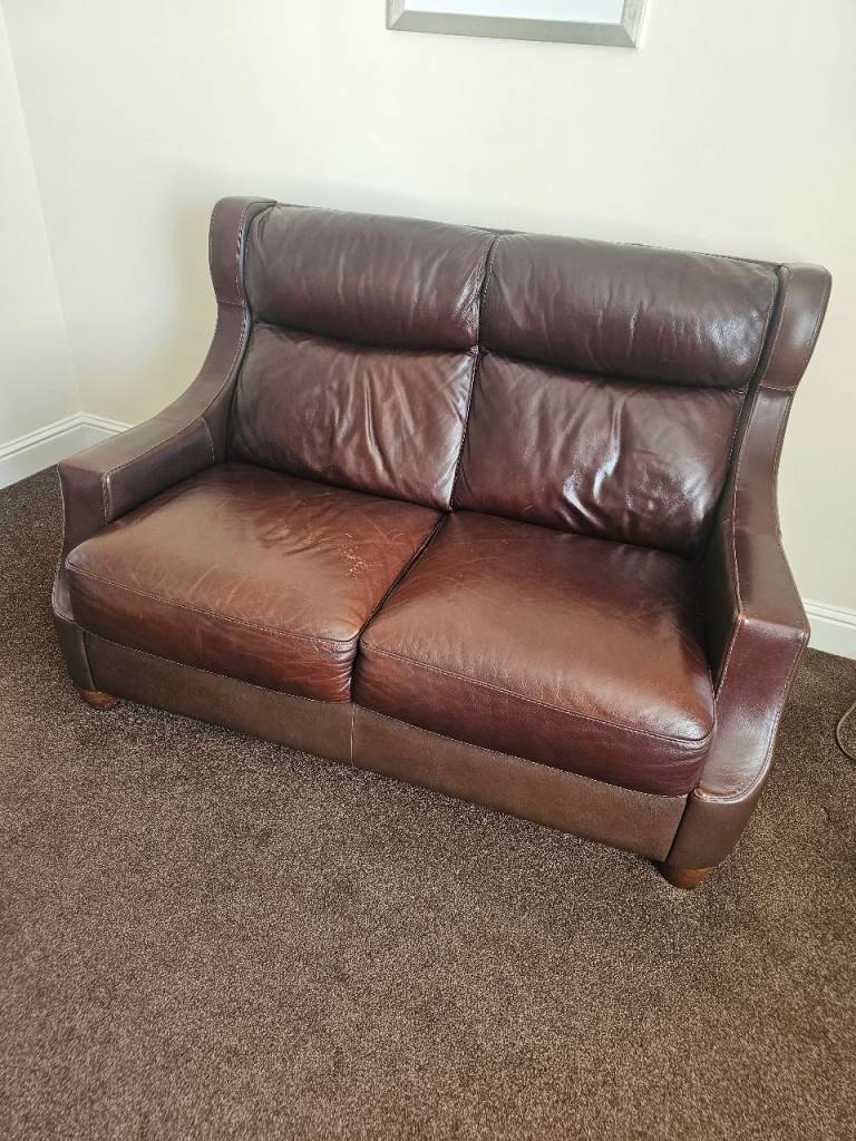 2 X Brown Leather 2-Seater Sofa – Well Used