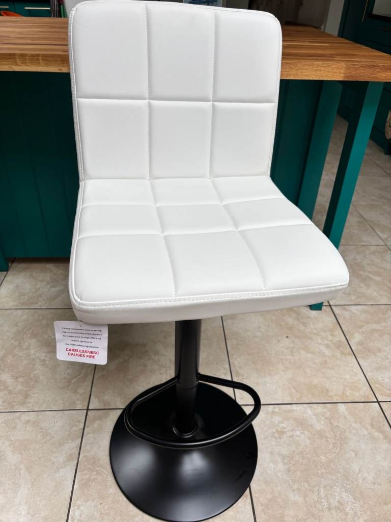 Kitchen Island / Bar Stools- 3x New With Tags- crisp white vegan leather with black base & foot rest