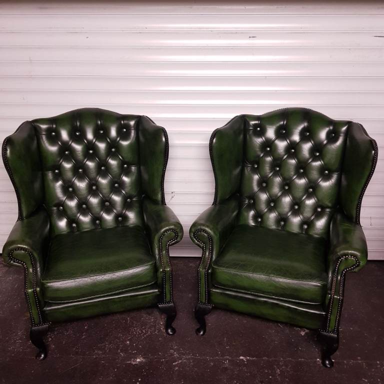 MATCHING Pair Green Leather QUEEN ANNE Chesterfield Wingback arm chairs -FAB