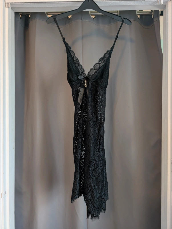 Black Sheer Floral Lace Slip Dress Cami Nightie Ribbon Rhinestone Charm