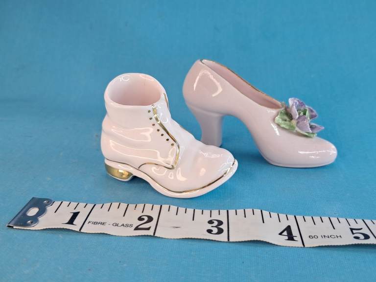 2x Vintage Pink Porcelain Closed Pump Shoe, Figurine Ceramic.