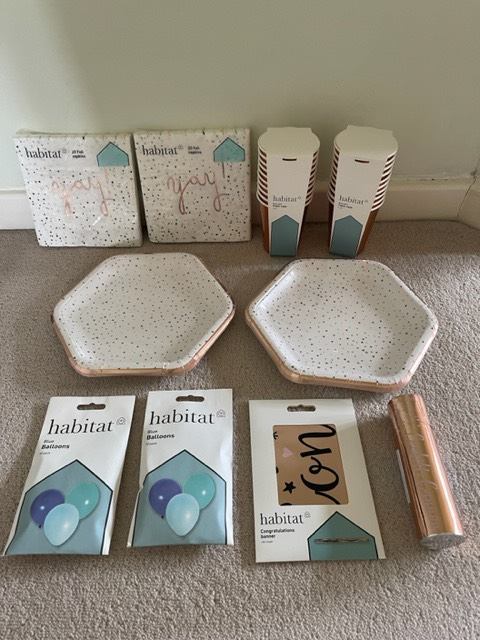 Habitat Party Napkins/Paper Cups/Paper Plates/Balloons/Confetti/Banner and M&S picnic rug