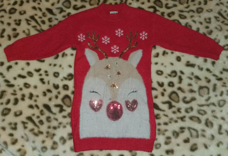 F&F Girls Christmas Xmas Reindeer Rudolph Jumper Sweater Sequin Dress 18-24 months