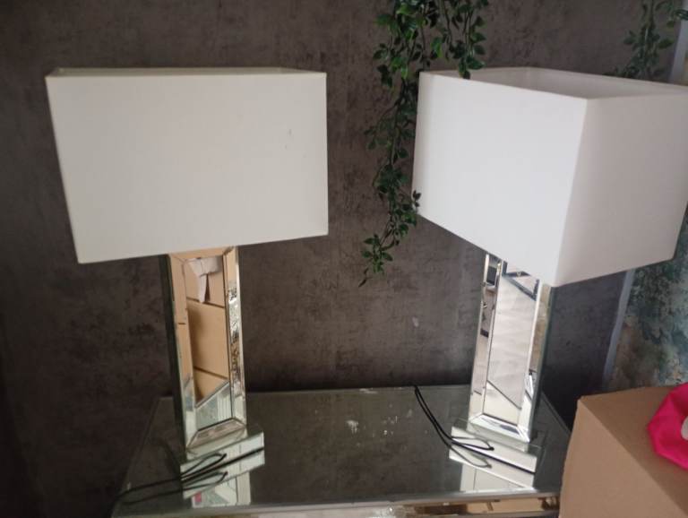 Pair of Mirrored Base Table Lamps with White Shades