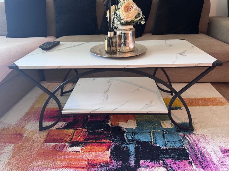 Modern White Marble Effect Coffee Table with Black Metal Frame