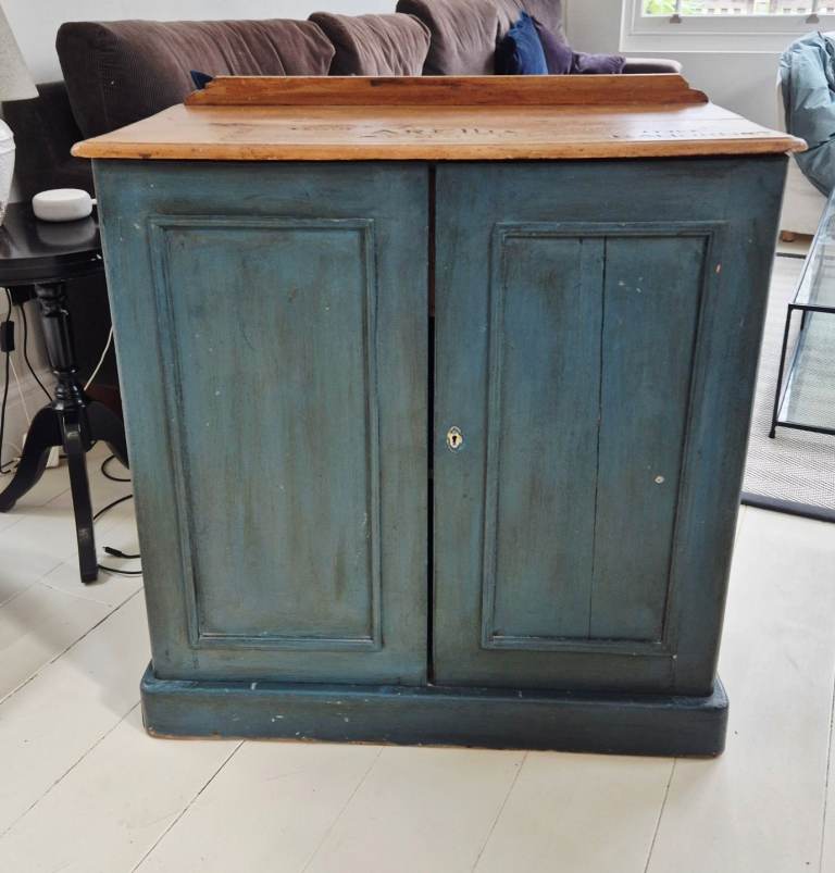 Antique Two-Door Old School House Painted Storage Cupboard with engravings