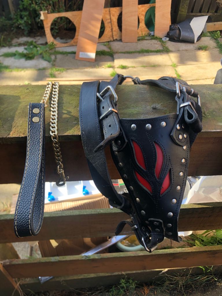 Black Leather Dog Harness and Chain Lead Set with Red Flame Detail