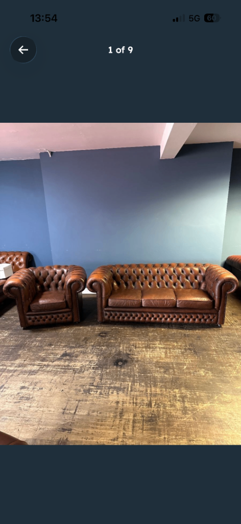 Superb Vintage Tan Leather Chesterfield 2 Piece Suite Three Seater Sofa Chair