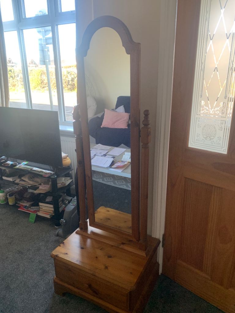 Full Length Antique Mirror with Storage Drawer, solid, made in England 