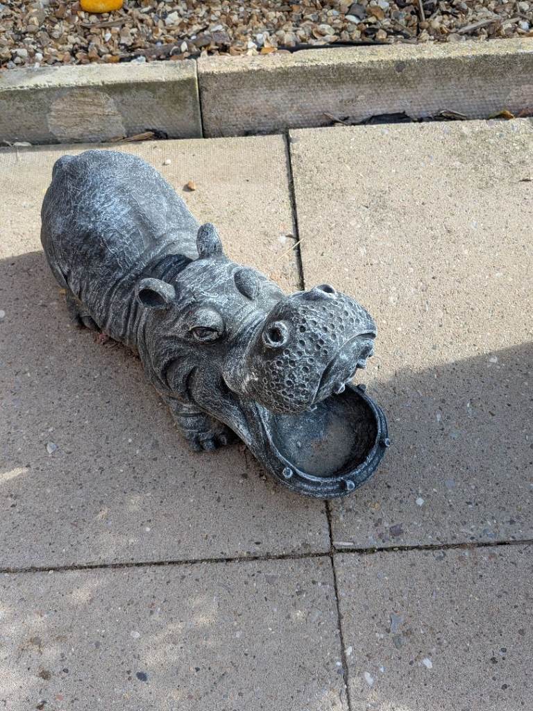 Garden Hippo Figurine - Stone, Grey, Good Condition