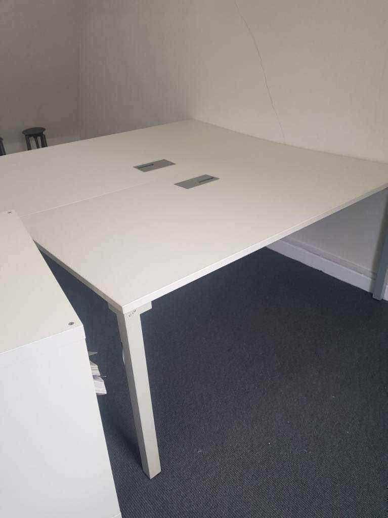 Used second hand preowned white 2 person bench desk 160cm x 160cm