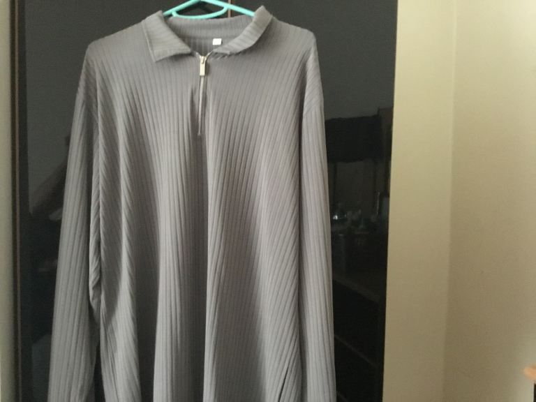 Men's Grey Ribbed Long Sleeve Top with Zip Collar – Good Condition