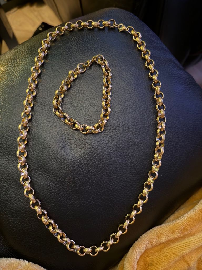 Gold dipped patterned belcher necklace chain and bracelet 