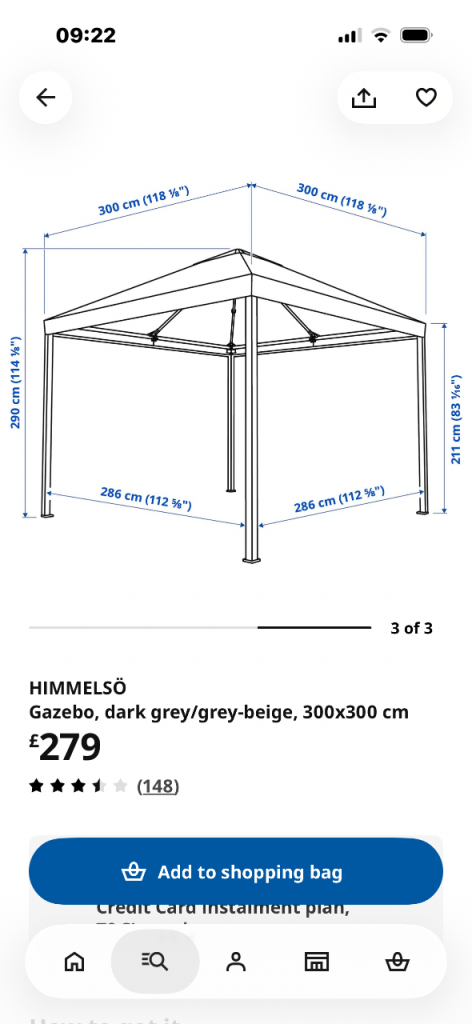 IKEA HIMMELSÖ Gazebo - New, Beige/Grey, 3x3 Metres